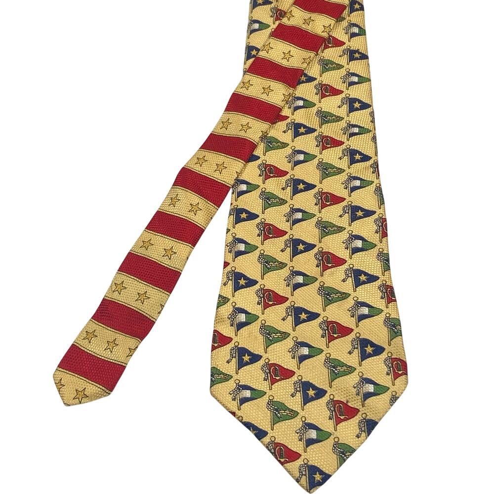 Tommy Hilfiger Men's Tie 100% Silk Yellow with Flag Print 4x59 NWOT